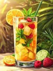 A refreshing fruit drink with ice, garnished with mint and served in a tall glass.