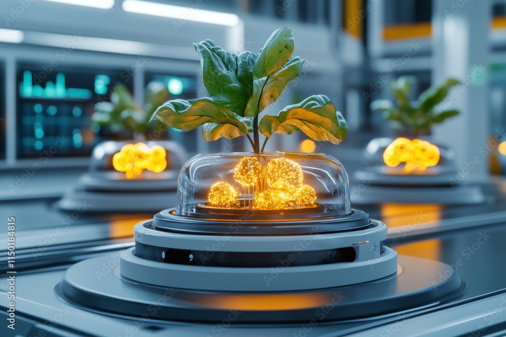 Aufkleber a futuristic laboratory setup showing gmo bacteria glowing in multiple petri dishes, each connected 