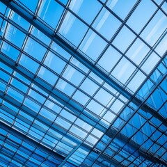 Geometric glass roof structure with blue sky background