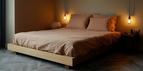 A serene minimalist bedroom with an oak wood bed, gently bathed in warm lighting