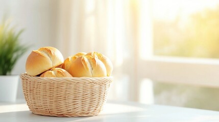 Freshly Baked Bread Rolls in a Basket with Soft Morning Light