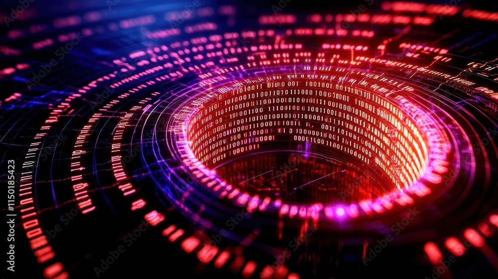 Poster abstract data visualization showcasing digital vortex design with vibrant colors.