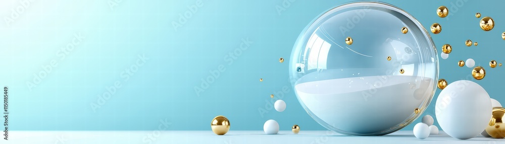 Poster abstract design with transparent spheres and golden elements on a soft blue background.