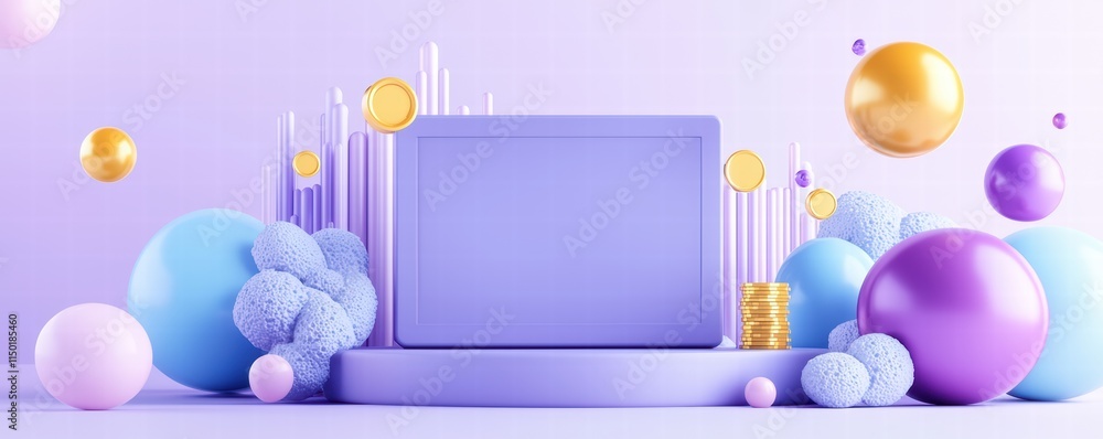 Poster abstract digital display with colorful spheres and modern design elements.