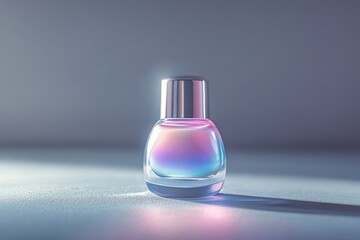 A iridescent perfume bottle with a silver cap sits on a light blue surface.