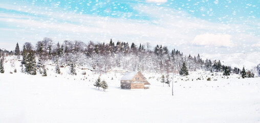 A charming winter scene with a wooden cabin surrounded by snow-covered fields and trees under a bright blue sky. Soft snowfall adds a serene and magical touch to the landscape.