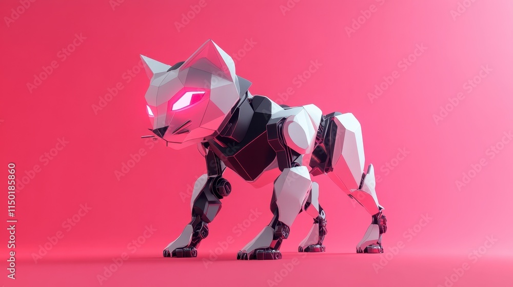 Poster a sleek, low-poly cat robot with sharp angles, standing on a solid pink background, capturing futuri