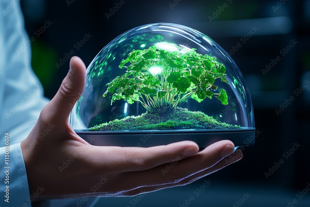 Aufkleber A glowing GMO algae culture inside a futuristic bioreactor, being monitored by a scientist with a holographic display