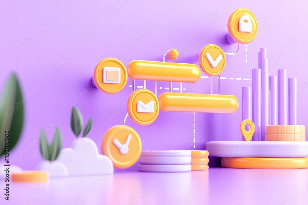 Poster colorful digital workflow interface with icons and graphs on purple background.