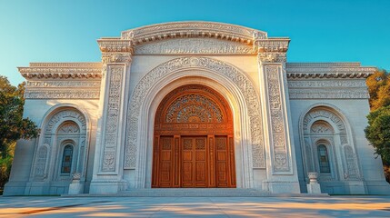 Ornate palace entrance with large wooden doors at sunset.