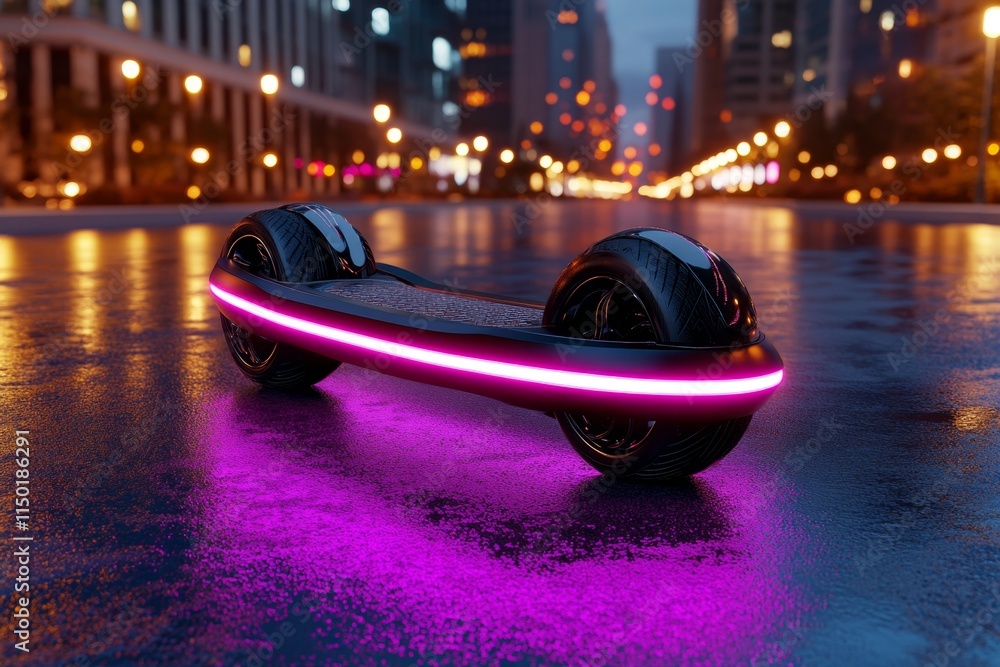 Poster A glowing hoverboard speeding across a sleek urban environment, with trails of light left in its path