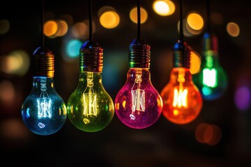 A set of colorful light bulbs hanging in the dark, their vibrant hues contrasting against