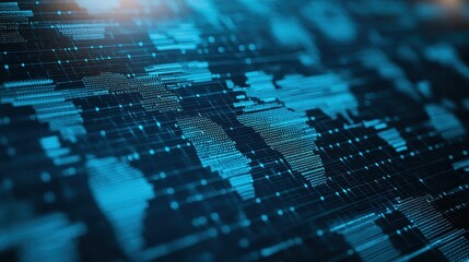 Obraz premium Abstract digital world map with data patterns in blue tones.
