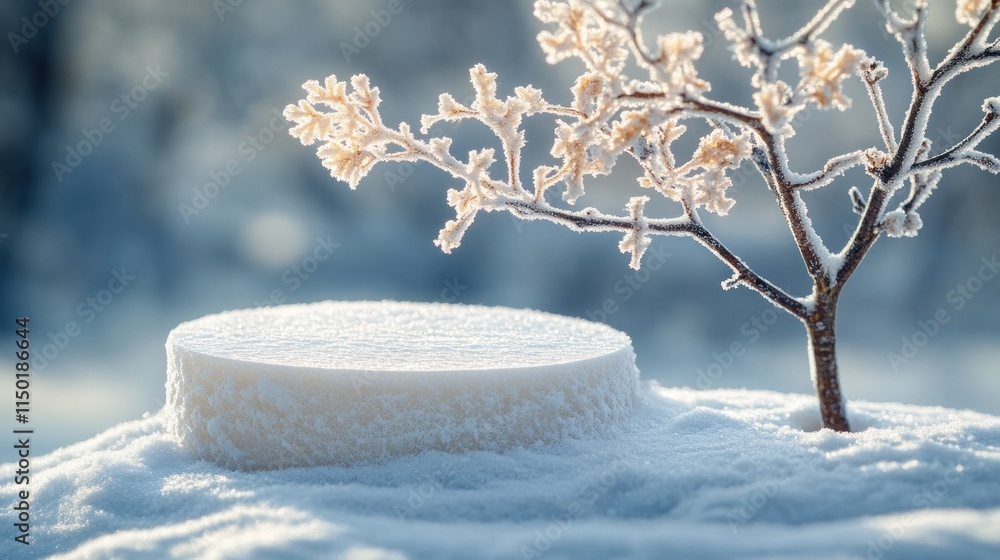 Poster snowy winter scene with a round display podium and a frost-covered branch.