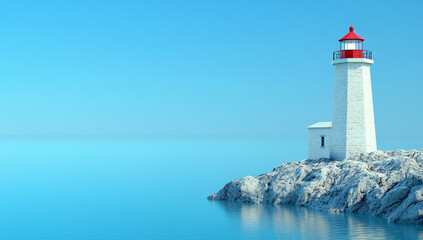 A picture of a picturesque lighthouse in Chetikamp, ​​with a clear blue sky, rocks and sea in the background.