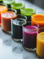 A colorful array of fresh juices displayed in glasses, showcasing vibrant colors and textures.