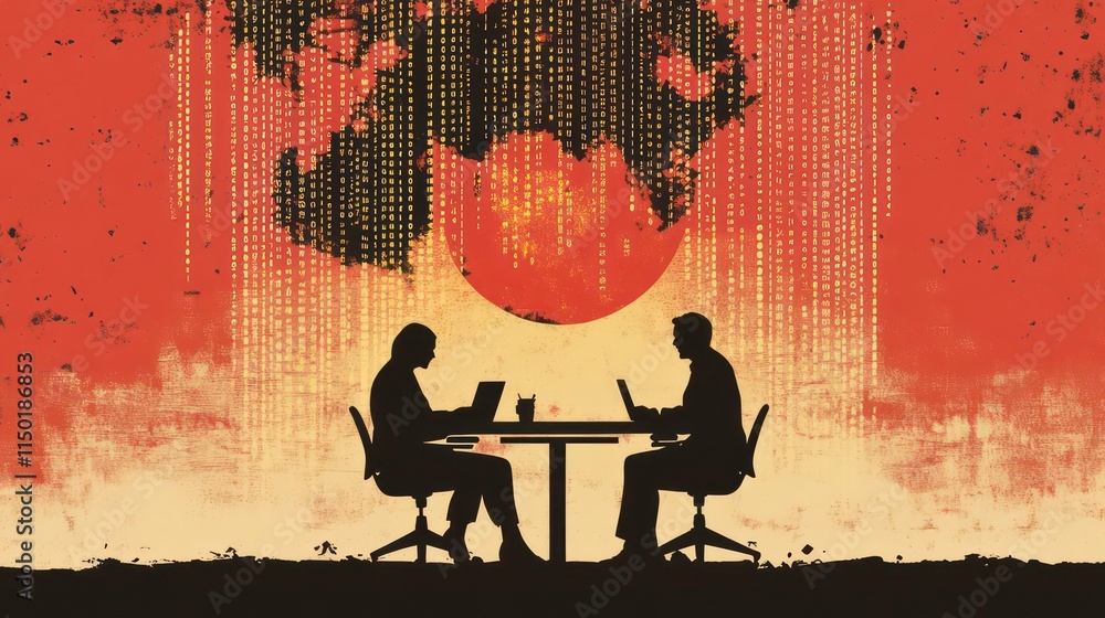Poster silhouette illustration of a global business team working together and binary code