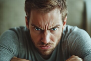 A close-up portrait of a man with an intense expression, furrowed brows, and piercing blue eyes. He appears frustrated or angry, with a serious demeanor, wearing a gray shirt.