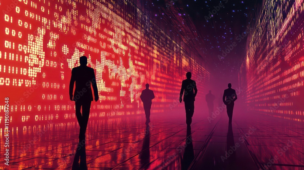 Aufkleber silhouetted figures walk through a digital tunnel filled with data streams and code.