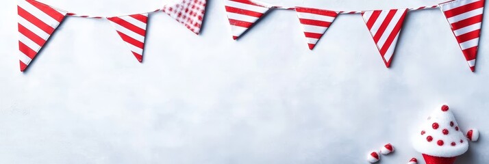 Fototapeta premium Festive Bunting and Sweet Treat - Red and white bunting, a festive cupcake, and candy; symbolizing celebration, joy, sweetness, holidays, and winter.
