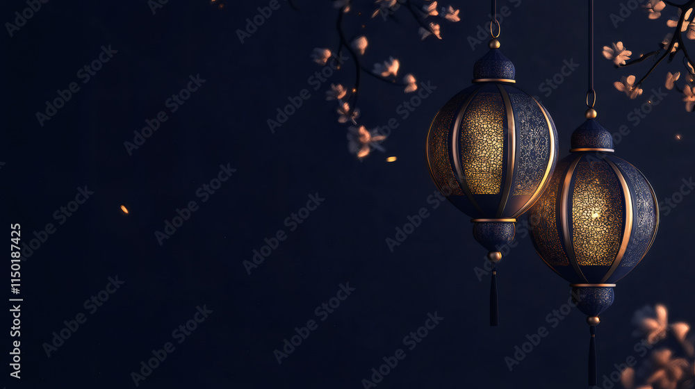 Poster ornate lanterns glowing softly, hanging against a dark blue background with falling petals, create a