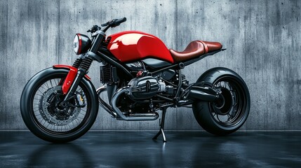 Naklejka na ściany i meble A sleek, modern motorcycle with a red body and brown seat against a concrete backdrop.