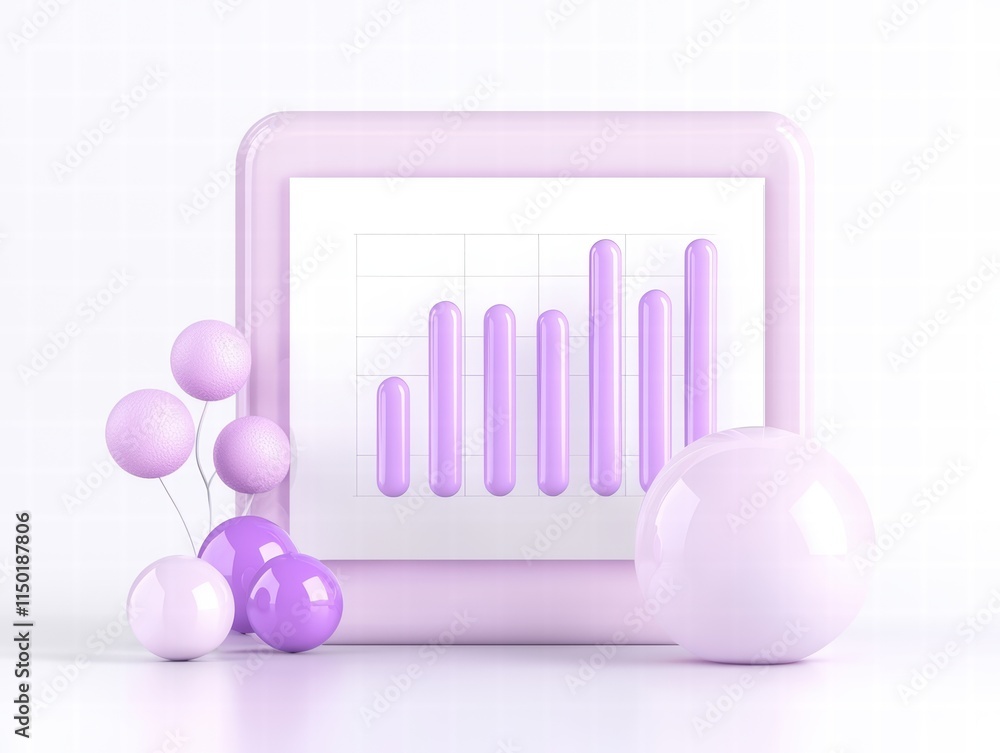 Poster modern purple data visualization graphic with growth chart and abstract shapes.