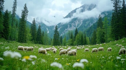 Sheep grazing in a lush alpine meadow with mountains in the background.