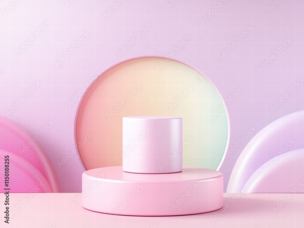 Poster soft pastel display featuring circular shapes and a central cylindrical object.