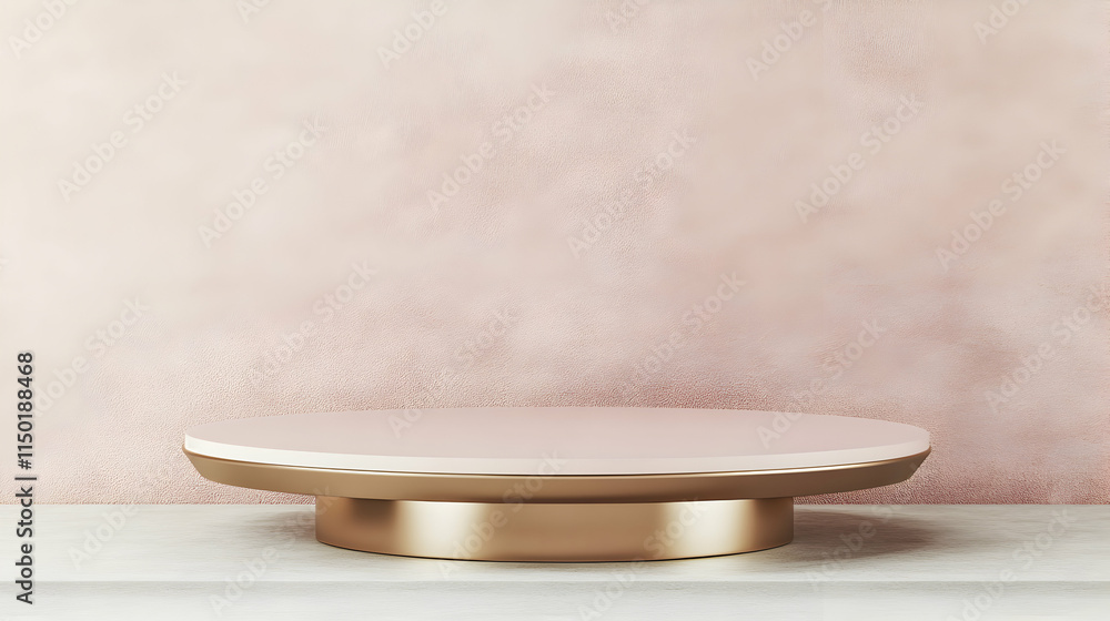 Poster a minimalist display stand with a pink surface against a soft background.