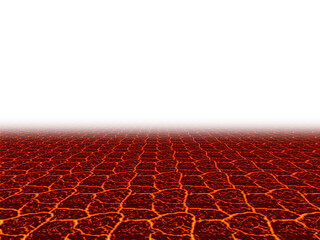 Field of black cracked rock plates on red hot lava flow surface with center horizon line perspective background illustration