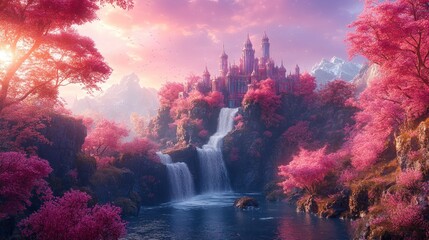 A serene fantasy landscape featuring a castle amidst vibrant pink trees and cascading waterfalls.