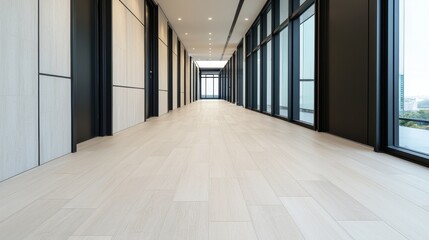 Modern hallway with large windows and light-colored flooring.