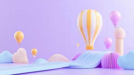 Whimsical scene with colorful hot air balloons and pastel landscape elements.