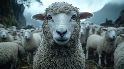 Fototapeta premium Sheep in a flock facing the camera in a mountainous landscape.