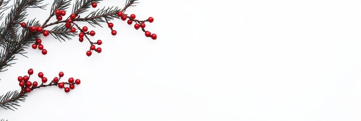 Festive Holly Branch Border - Winter holiday, red berries, green branch, white background, festive design.  Symbolizes joy, celebration, nature, winter, and tradition.