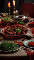 Delicious skewers paired with vibrant fresh vegetables, sauces, and red wine elegantly presented on a candlelit dining table, creating a perfect atmosphere for a sophisticated and enjoyable meal.

