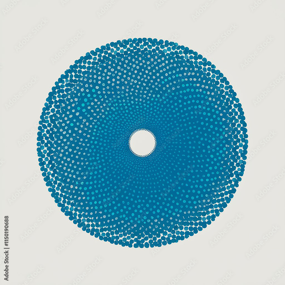 Poster blue halftone dot pattern with circular design and gradient effect – minimalist abstract digital art