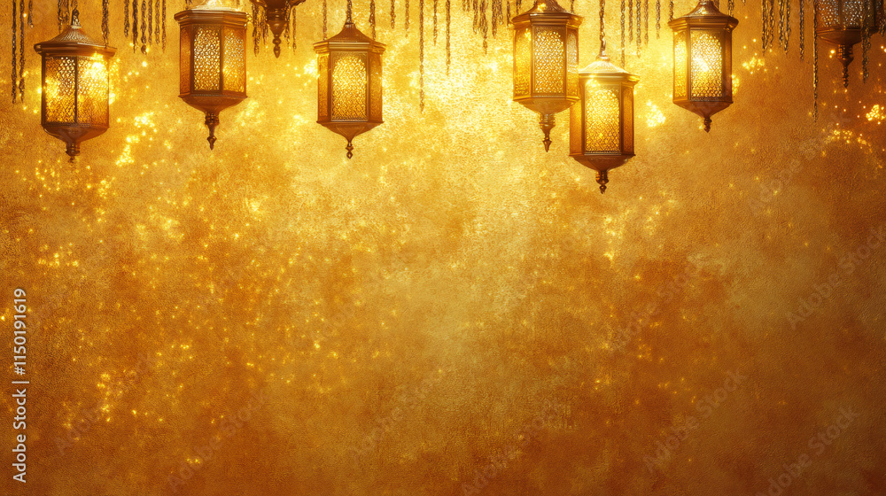 Poster glowing traditional metal lanterns creating a magical ramadan atmosphere against a sparkling golden 