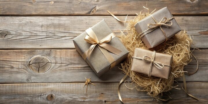 Rustic Wooden Background with Wrapped Presents and Gold Accents