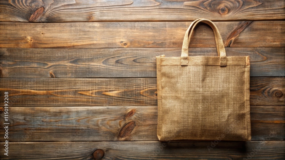 Poster A simple reusable shopping bag rests on a rustic wooden surface