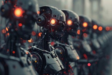 Fototapeta premium A widespread power outage caused by a solar flare disrupts the control systems of robots, leading to chaos and destruction as machines turn against their human creators