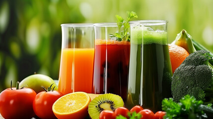 Fototapeta premium Fresh Vegetable Juices Collection on Table with Bokeh Effect. A Variety of Nutritious Drinks and Veggies Displayed.