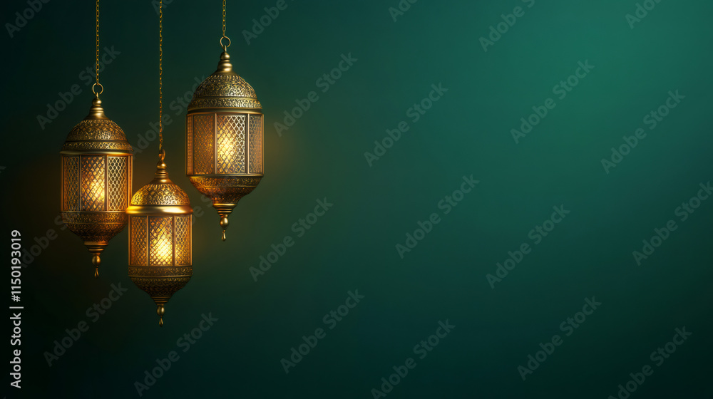 Poster three ornate golden ramadan lanterns hanging and glowing against a deep green backdrop, creating a s