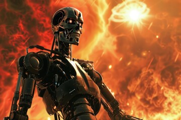 A robot with a skull on its head stands in front of a fire