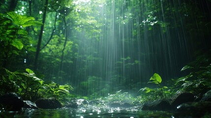 Obraz premium Sunbeams pierce through rain in lush green forest, illuminating a tranquil stream.