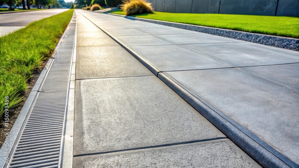 Poster sunlit pathway modern concrete walkway design with integrated drainage system