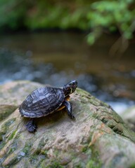 Fototapeta premium A small turtle basks on a moss-covered rock beside a flowing stream in a lush green forest.