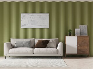 Mockup of an original living room with a comfortable cool sofa and stylish decorative background, 3D rendering.