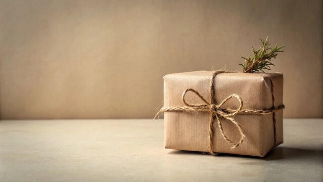 A thoughtfully wrapped gift, tied with twine and adorned with a sprig